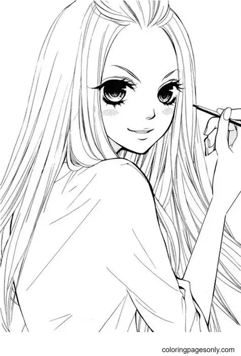 Desenhos de garotas de anime com cabelo comprido Para Colorir 9